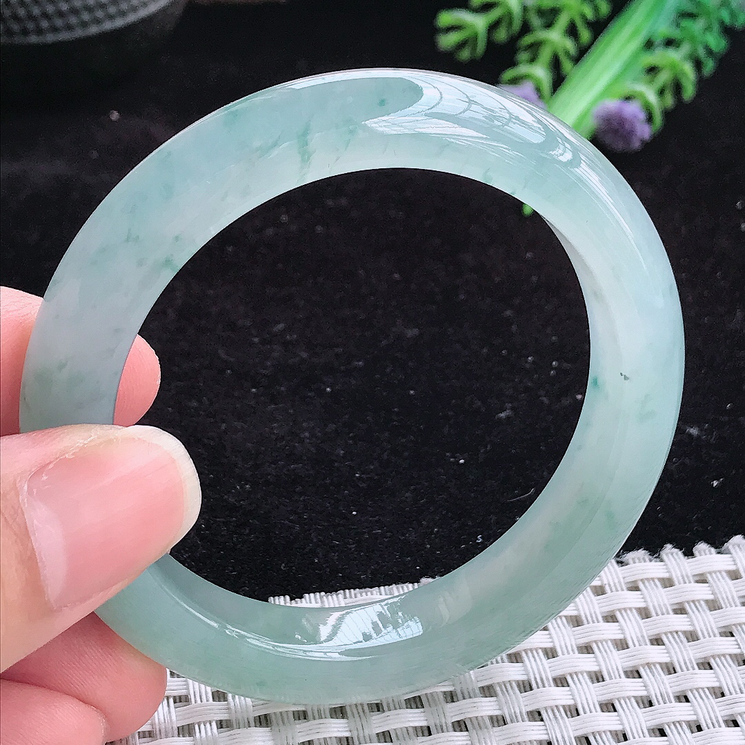 实拍A货翡翠52/10.7/8.5小圈口老坑冰胶果冻冰晴飘花手镯女款平安镯