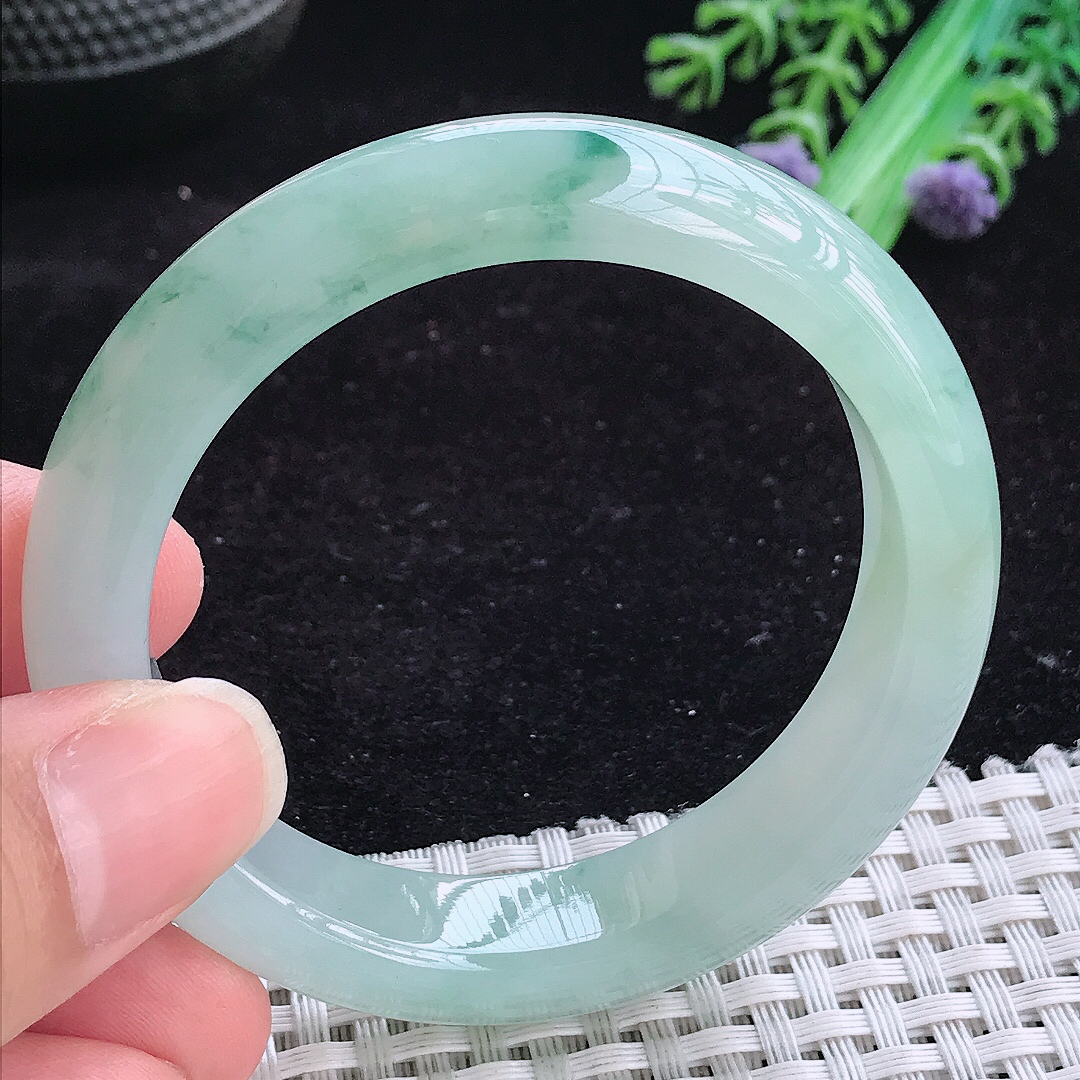 实拍A货翡翠51.5/12.2/8.2小圈口老坑冰胶飘花手镯蓝花女款平安镯