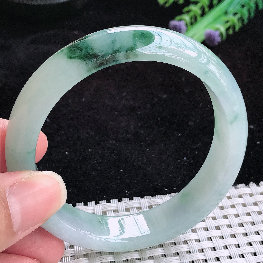 实拍A货翡翠57.8/14.4/8.2老坑冰润起胶飘花手镯玉手镯女款平安镯