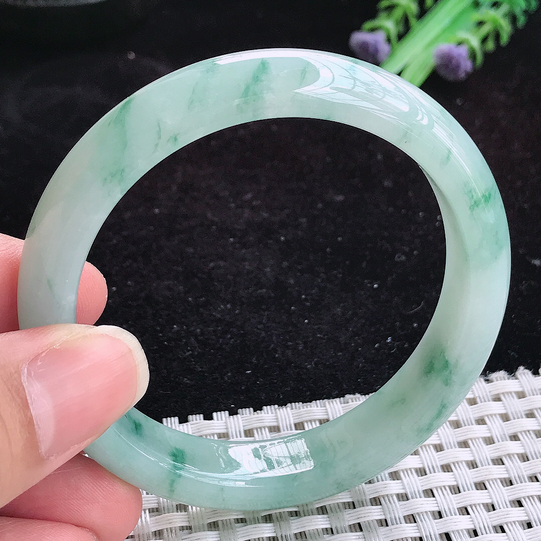 实拍A货翡翠54.5/12.1/7.8老坑冰胶飘花手镯玉手镯女款平安镯