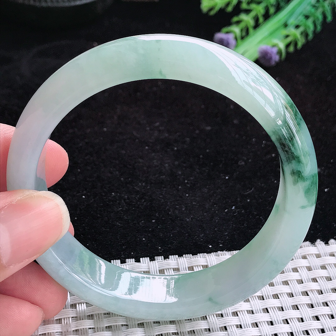 实拍A货翡翠57.8/14.4/8.2老坑冰润起胶飘花手镯玉手镯女款平安镯