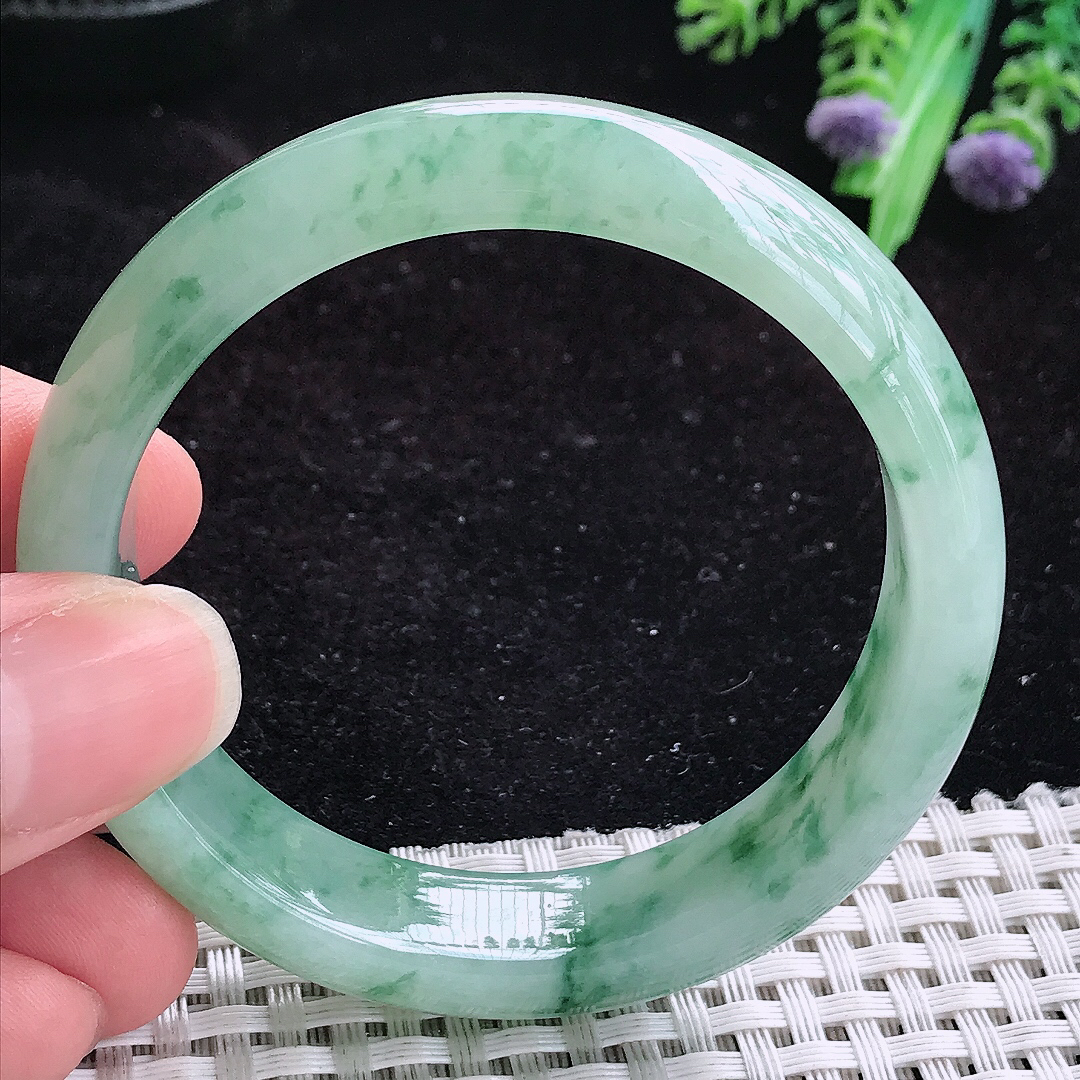 实拍A货翡翠52.5/13.5/7.5小圈口老坑冰胶飘绿花手镯玉手镯女款平安镯