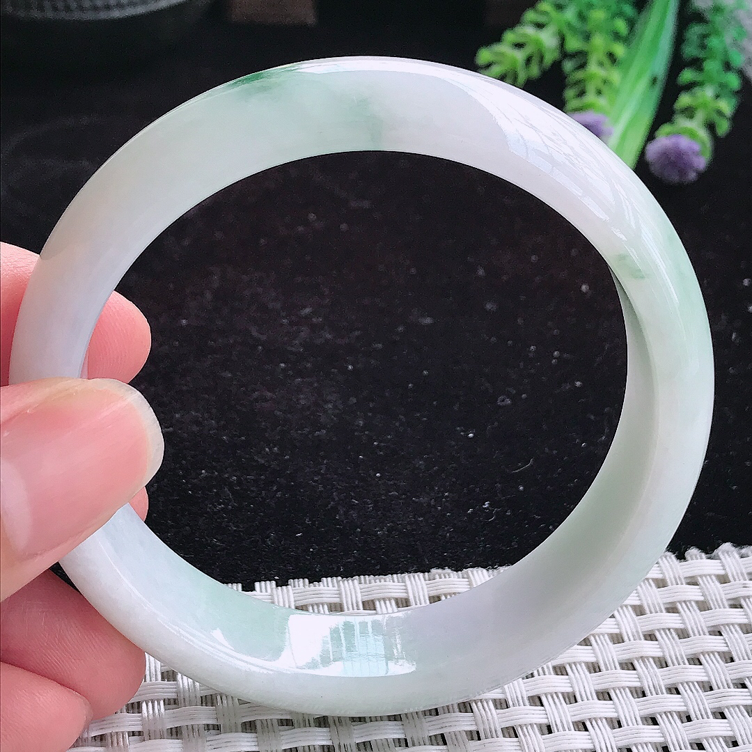 实拍A货翡翠59/15.1/7.6老坑温润飘花手镯玉手镯女款平安镯