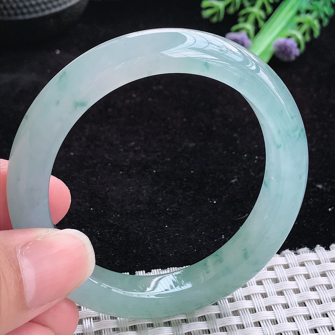 实拍A货翡翠52/10.7/8.5小圈口老坑冰胶果冻冰晴飘花手镯女款平安镯