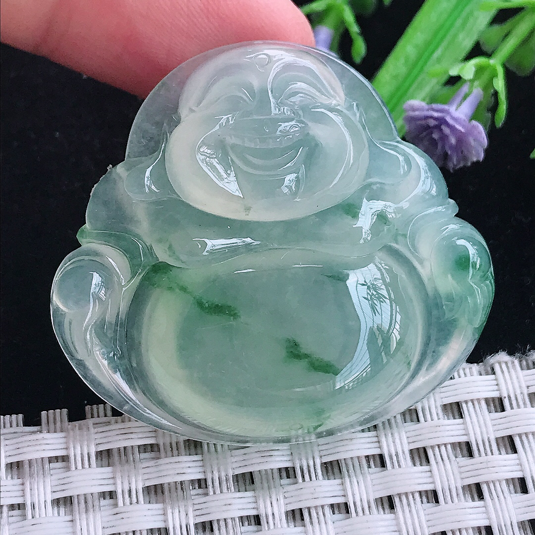 实拍A货翡翠38/41.5/8.1老坑冰种冰晴飘花佛公吊坠翡翠笑佛挂件大佛公