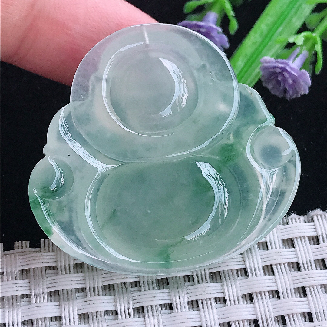 实拍A货翡翠38/41.5/8.1老坑冰种冰晴飘花佛公吊坠翡翠笑佛挂件大佛公