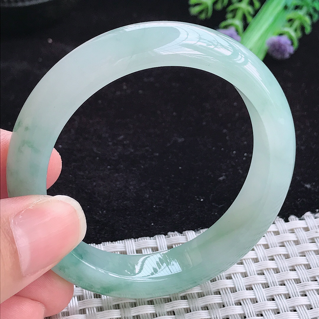 实拍A货翡翠51.5/12.2/8.2小圈口老坑冰胶飘花手镯蓝花女款平安镯