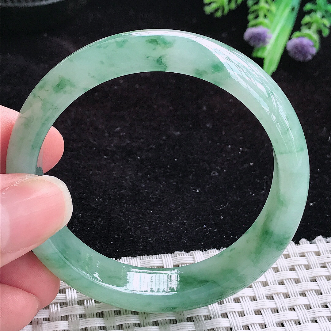 实拍A货翡翠52.5/13.5/7.5小圈口老坑冰胶飘绿花手镯玉手镯女款平安镯