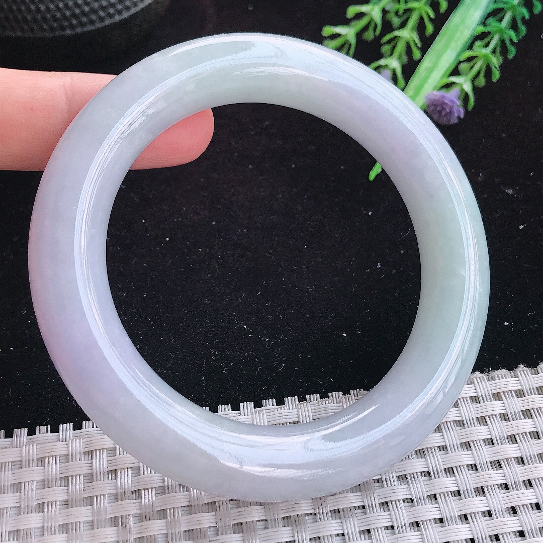实拍A货翡翠57/12.2老坑冰润起胶紫罗兰圆条手镯玉手镯女款平安镯