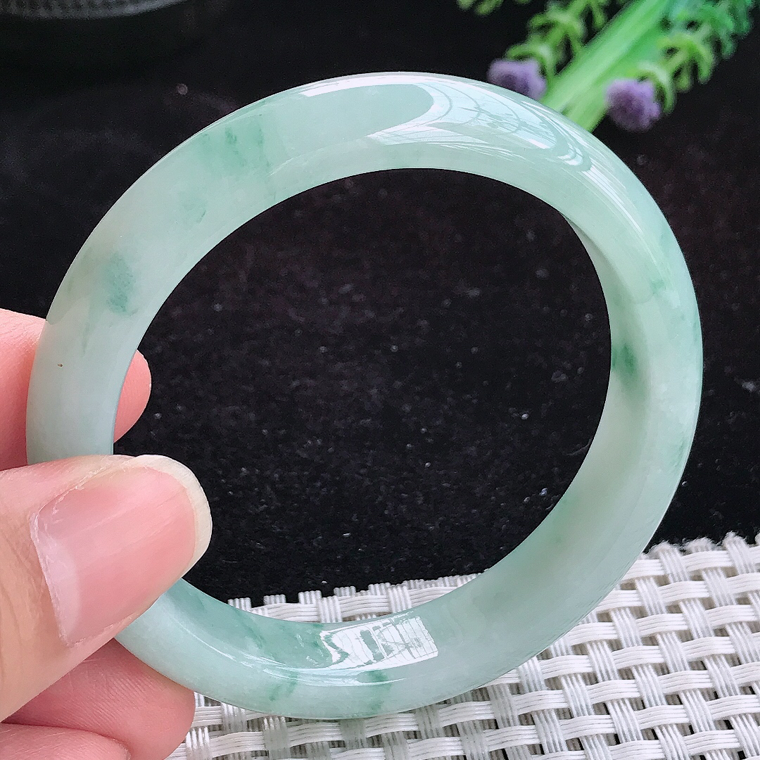 实拍A货翡翠54.5/12.1/7.8老坑冰胶飘花手镯玉手镯女款平安镯