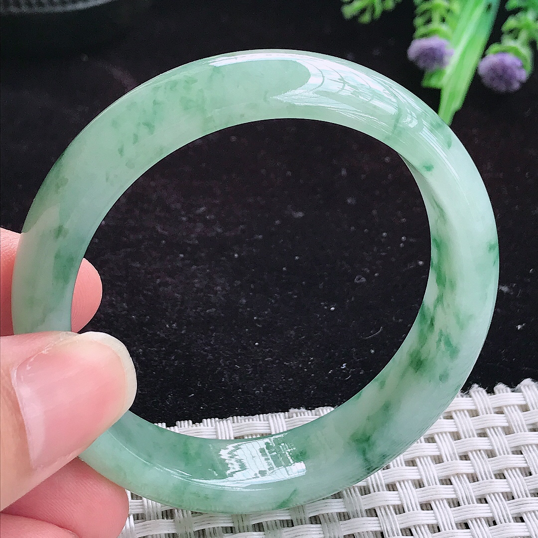 实拍A货翡翠52.5/13.5/7.5小圈口老坑冰胶飘绿花手镯玉手镯女款平安镯