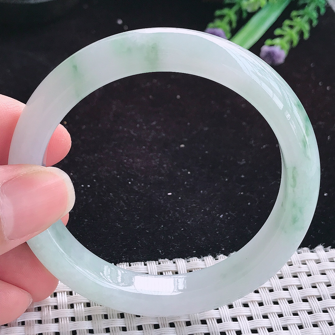 实拍A货翡翠57/11.8/8.5老坑冰润起胶冰飘花手镯玉手镯女款平安镯