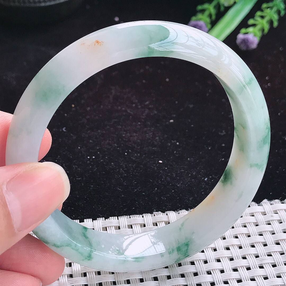 实拍A货翡翠59/13.9/8.3老坑精美冰润飘花手镯玉手镯女款平安镯