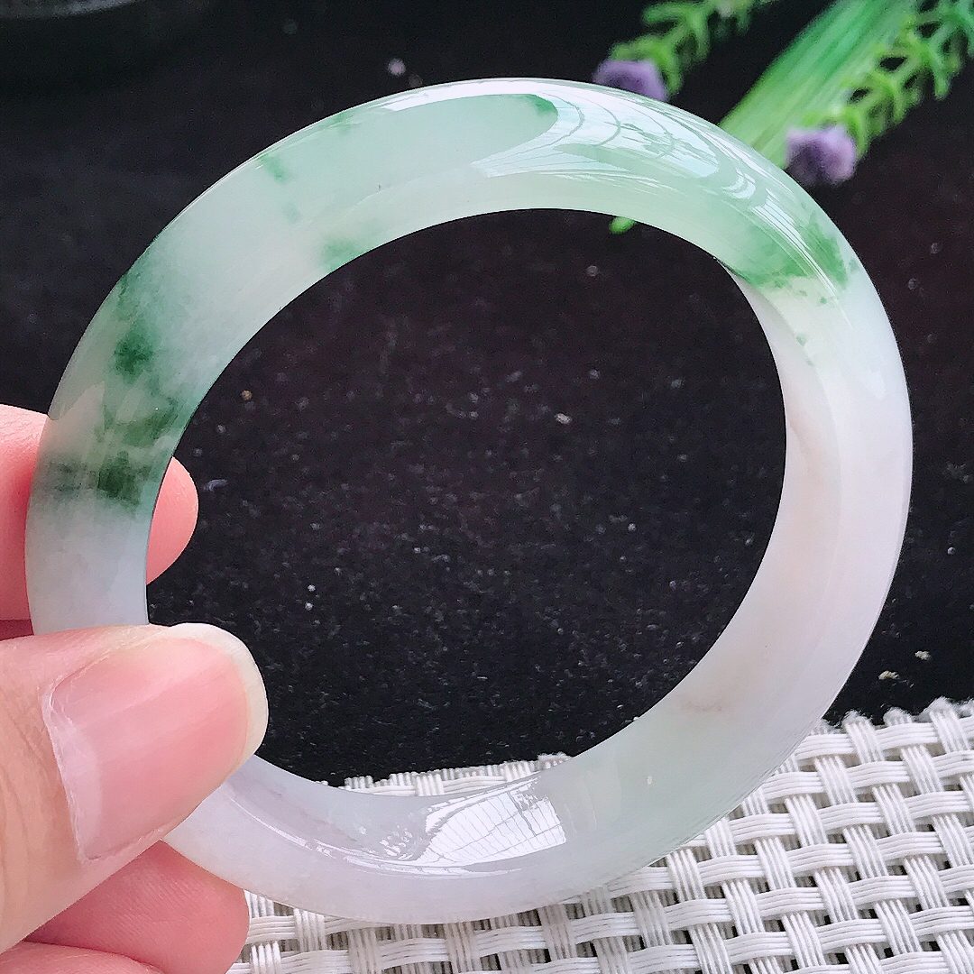 实拍A货翡翠55.5/12.6/8.5老坑果冻胶冰飘花手镯玉手镯女款平安镯