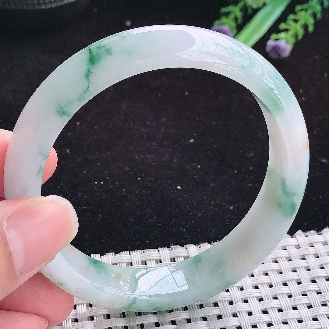 实拍A货翡翠59/13.9/8.3老坑精美冰润飘花手镯玉手镯女款平安镯