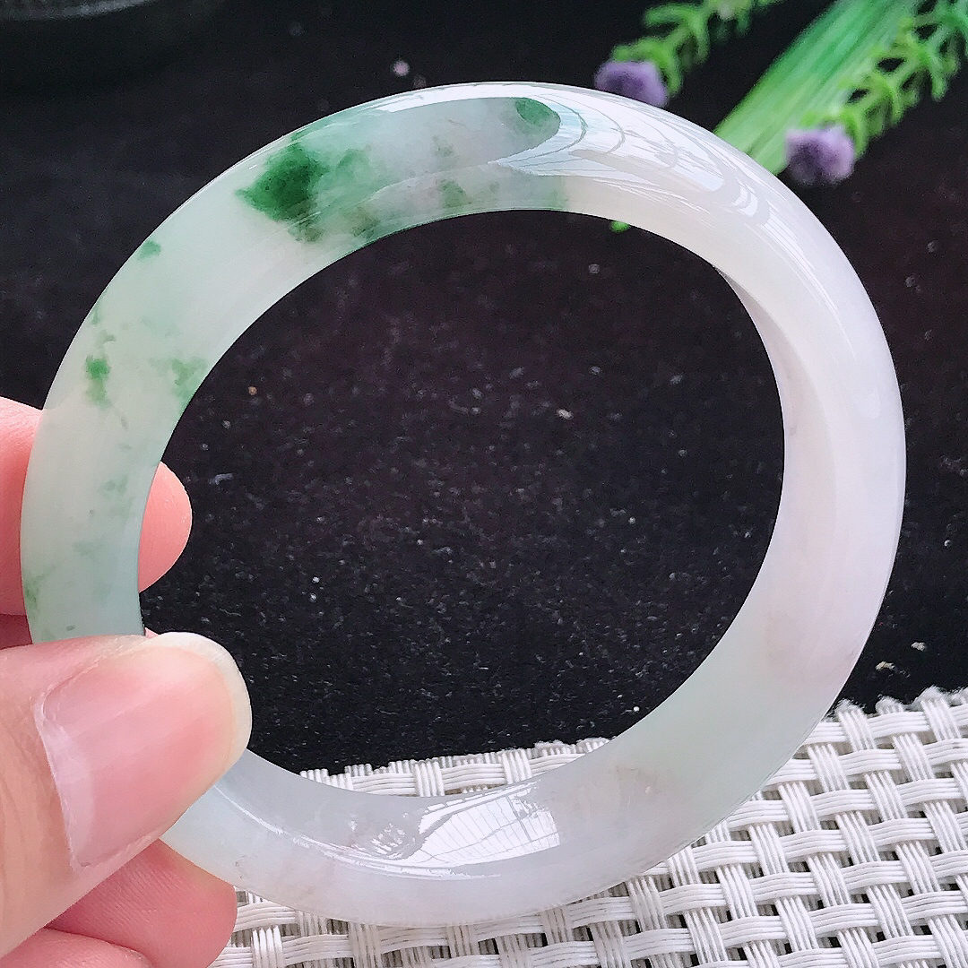 实拍A货翡翠55.5/12.6/8.5老坑果冻胶冰飘花手镯玉手镯女款平安镯