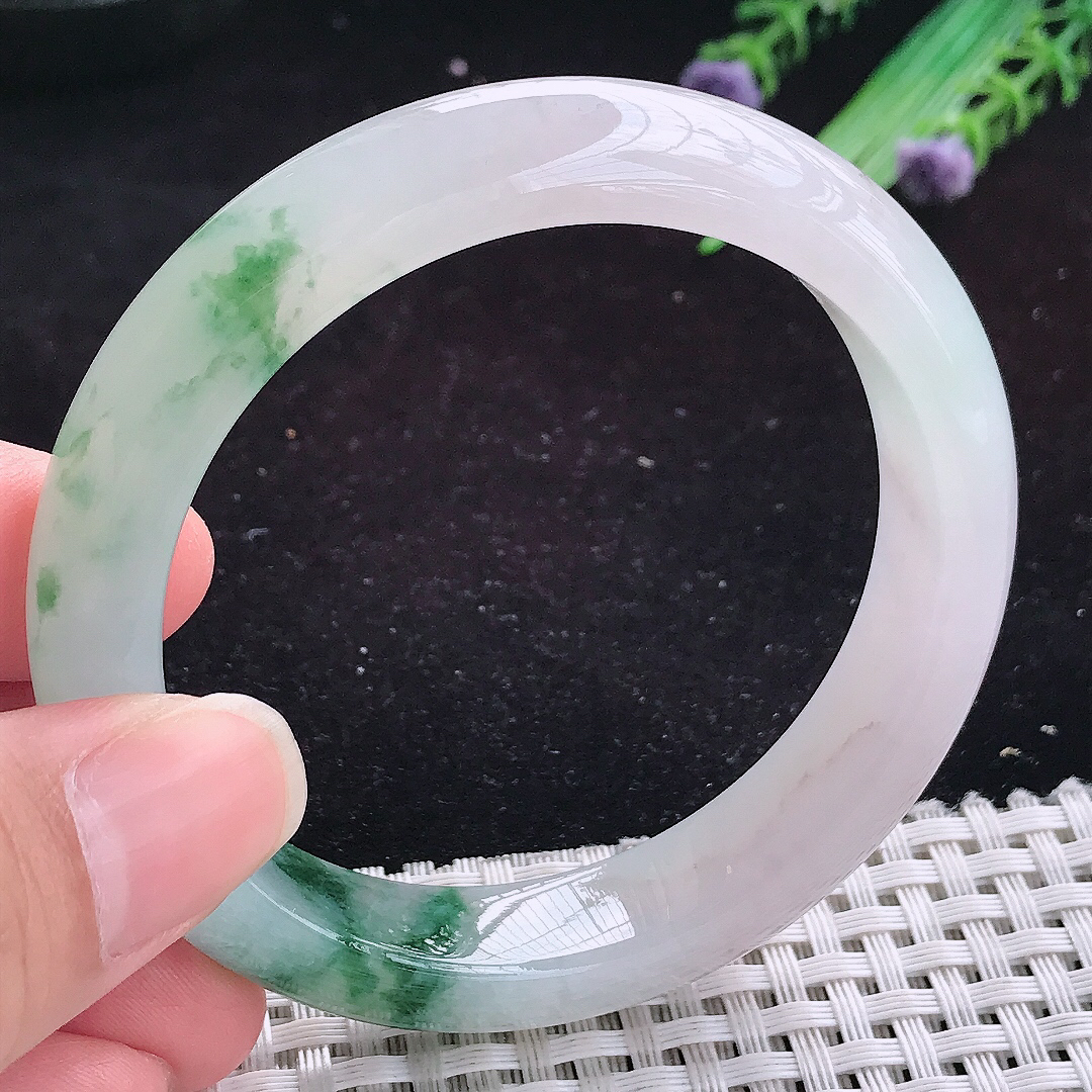 实拍A货翡翠55.5/12.6/8.5老坑果冻胶冰飘花手镯玉手镯女款平安镯