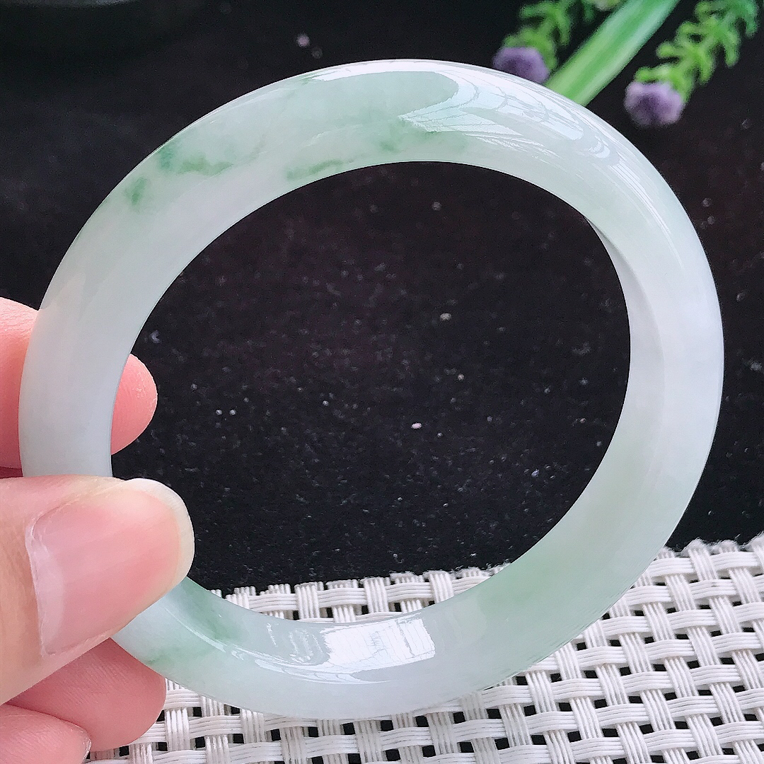 实拍A货翡翠57/11.8/8.5老坑冰润起胶冰飘花手镯玉手镯女款平安镯