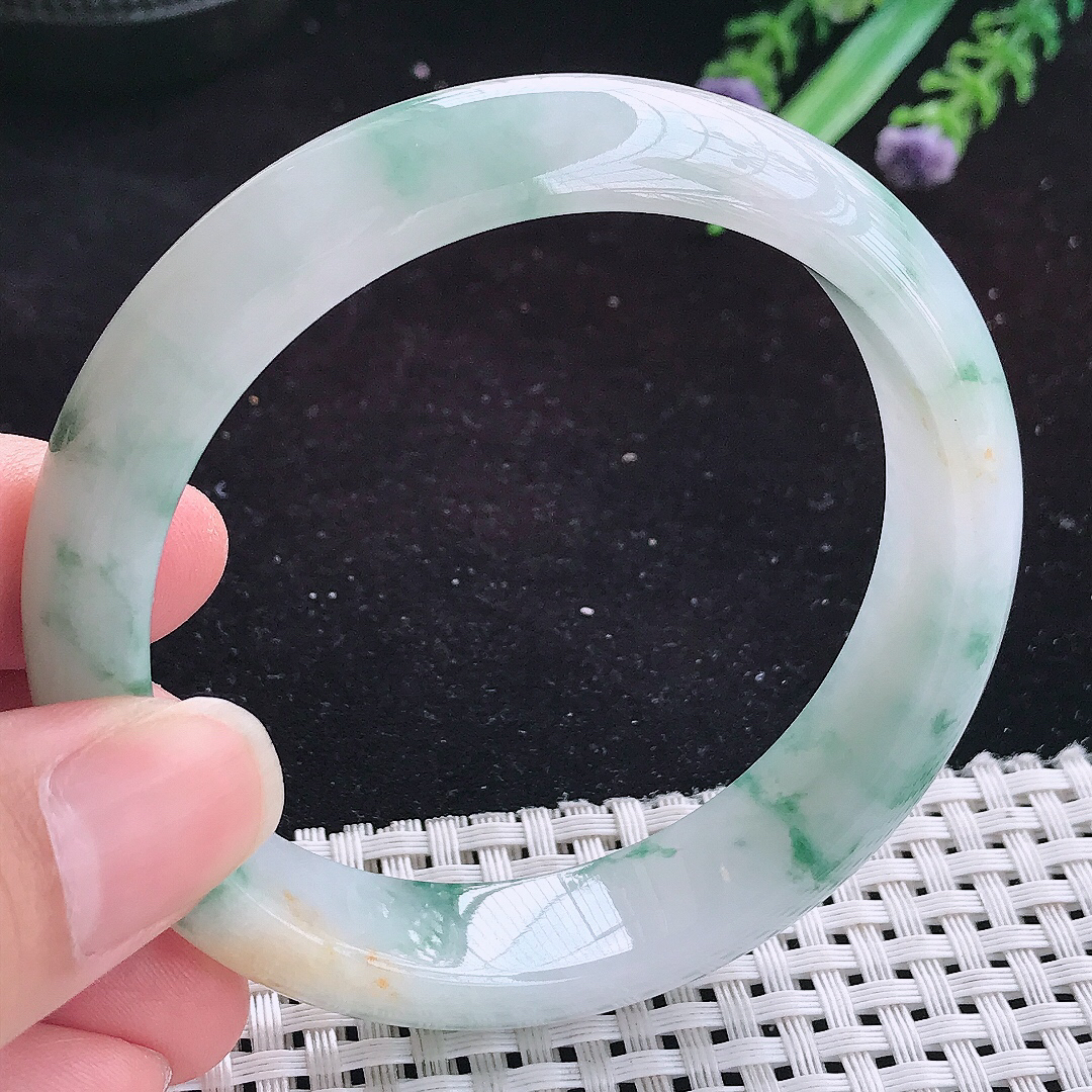 实拍A货翡翠59/13.9/8.3老坑精美冰润飘花手镯玉手镯女款平安镯