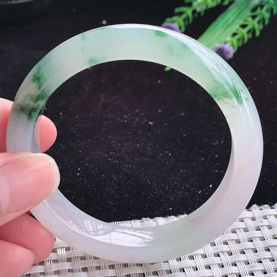 实拍A货翡翠55.5/12.6/8.5老坑果冻胶冰飘花手镯玉手镯女款平安镯
