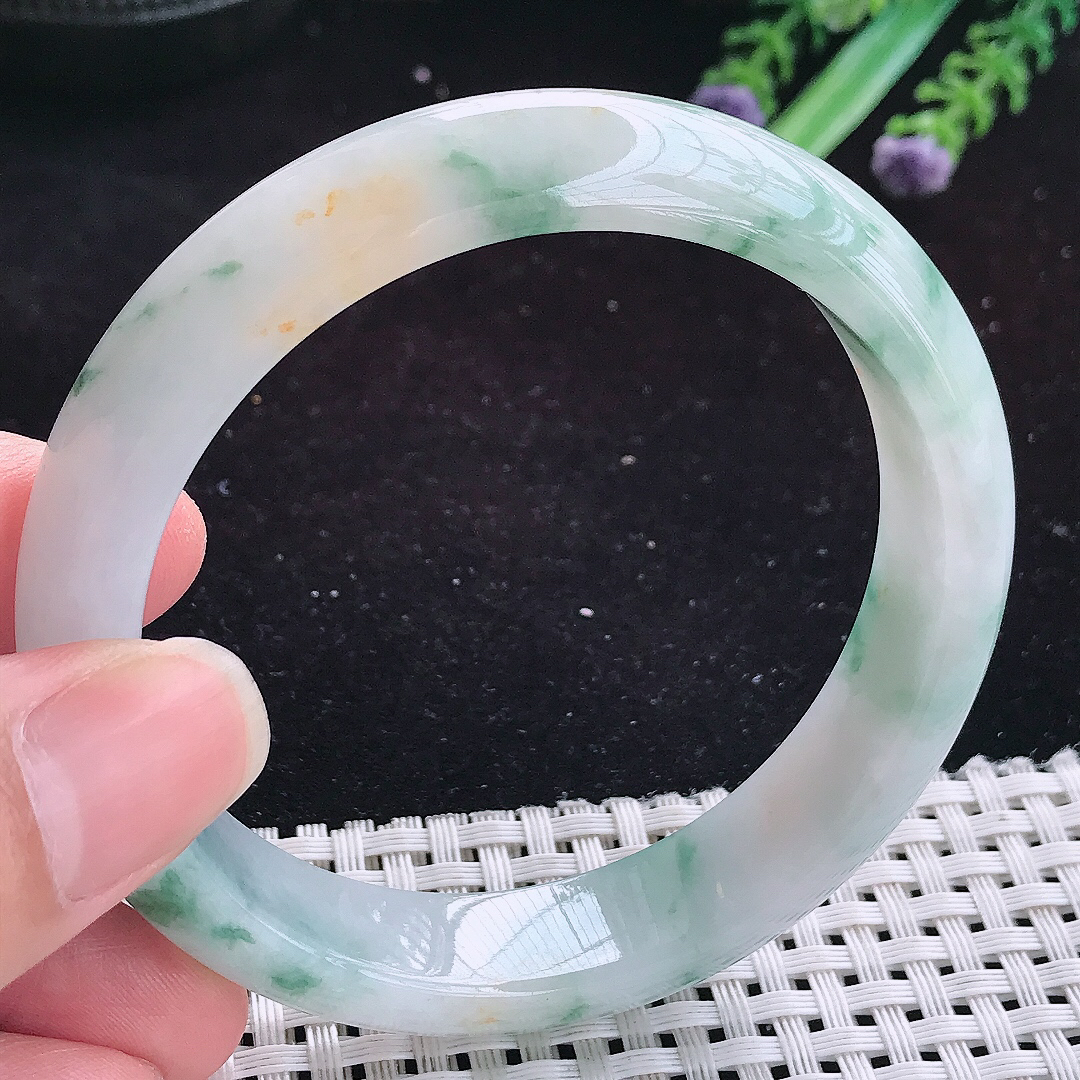实拍A货翡翠59/13.9/8.3老坑精美冰润飘花手镯玉手镯女款平安镯