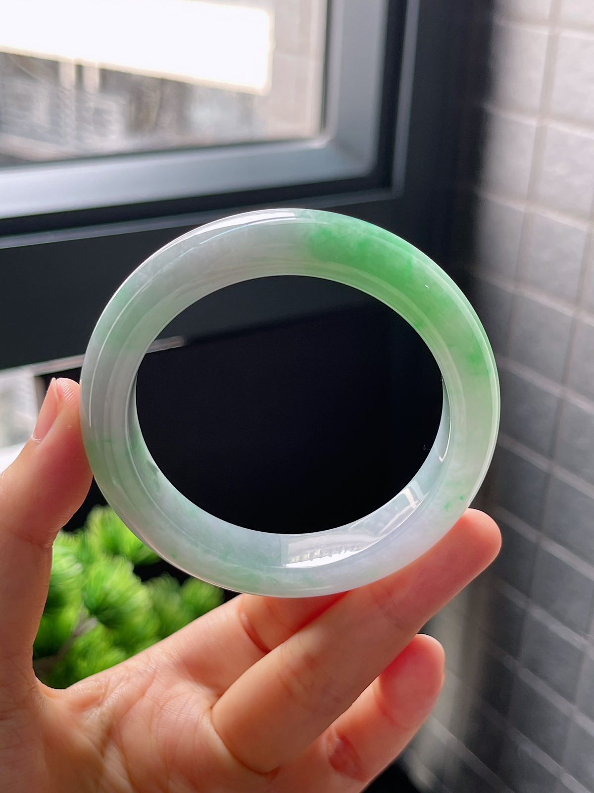 圈口53.5，糯化飘花翡翠正圈手镯