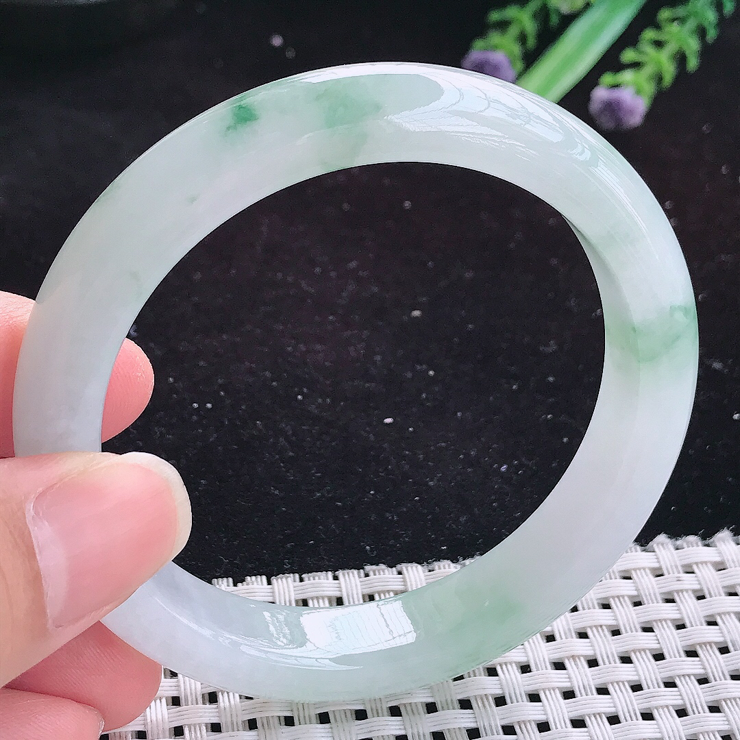 实拍A货翡翠57/11.8/8.5老坑冰润起胶冰飘花手镯玉手镯女款平安镯