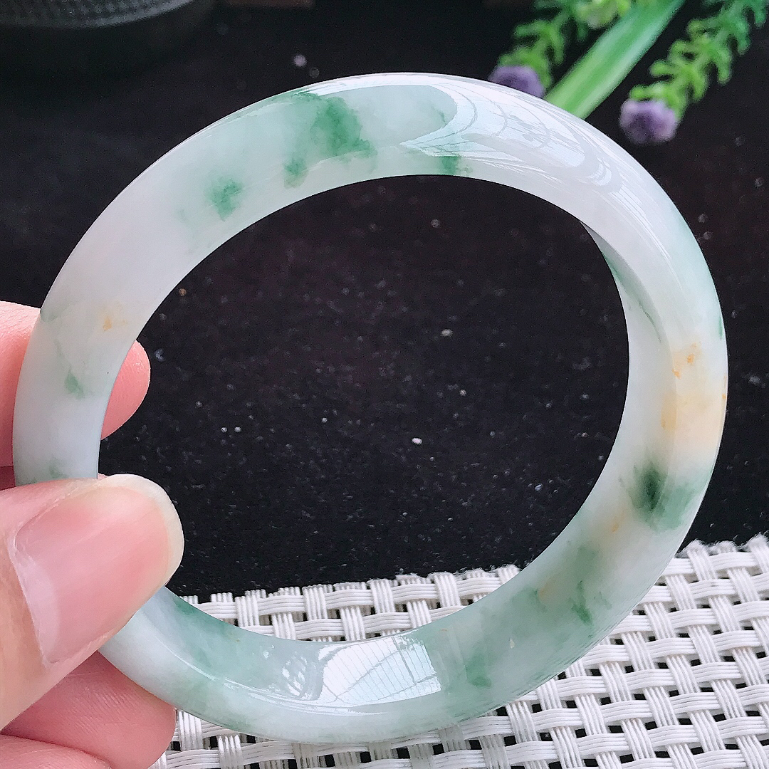 实拍A货翡翠59/13.9/8.3老坑精美冰润飘花手镯玉手镯女款平安镯