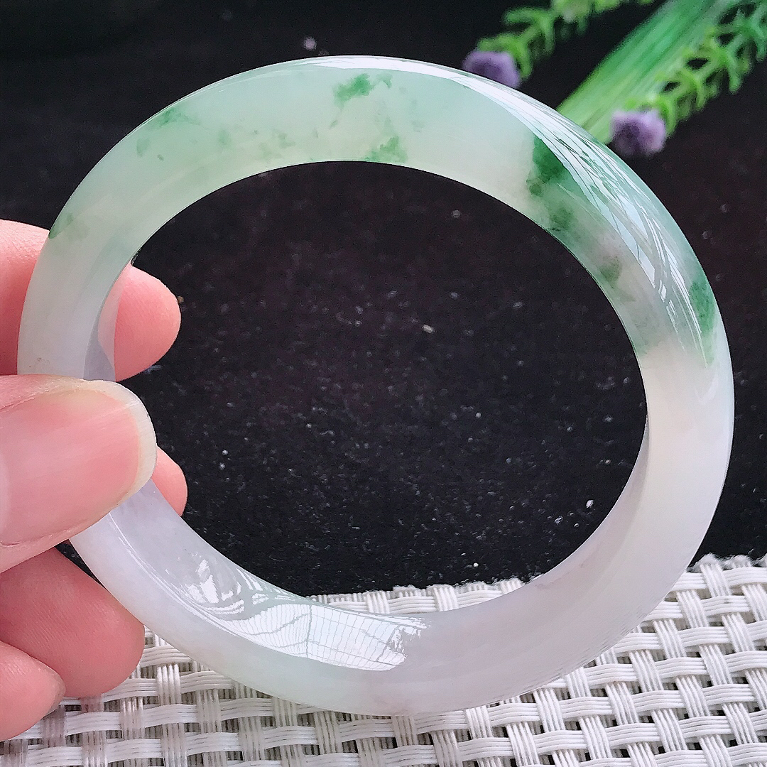 实拍A货翡翠55.5/12.6/8.5老坑果冻胶冰飘花手镯玉手镯女款平安镯