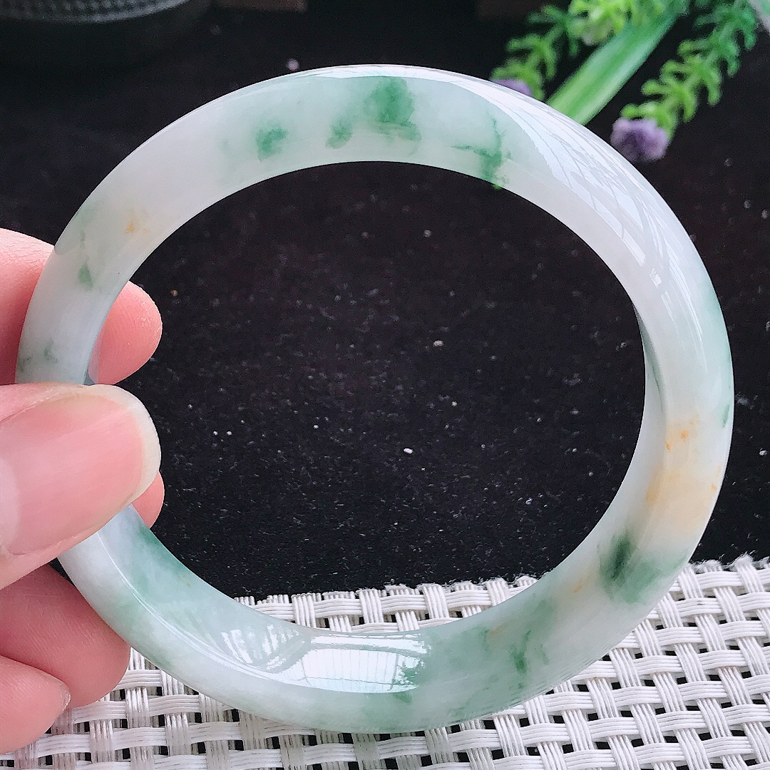 实拍A货翡翠59/13.9/8.3老坑精美冰润飘花手镯玉手镯女款平安镯