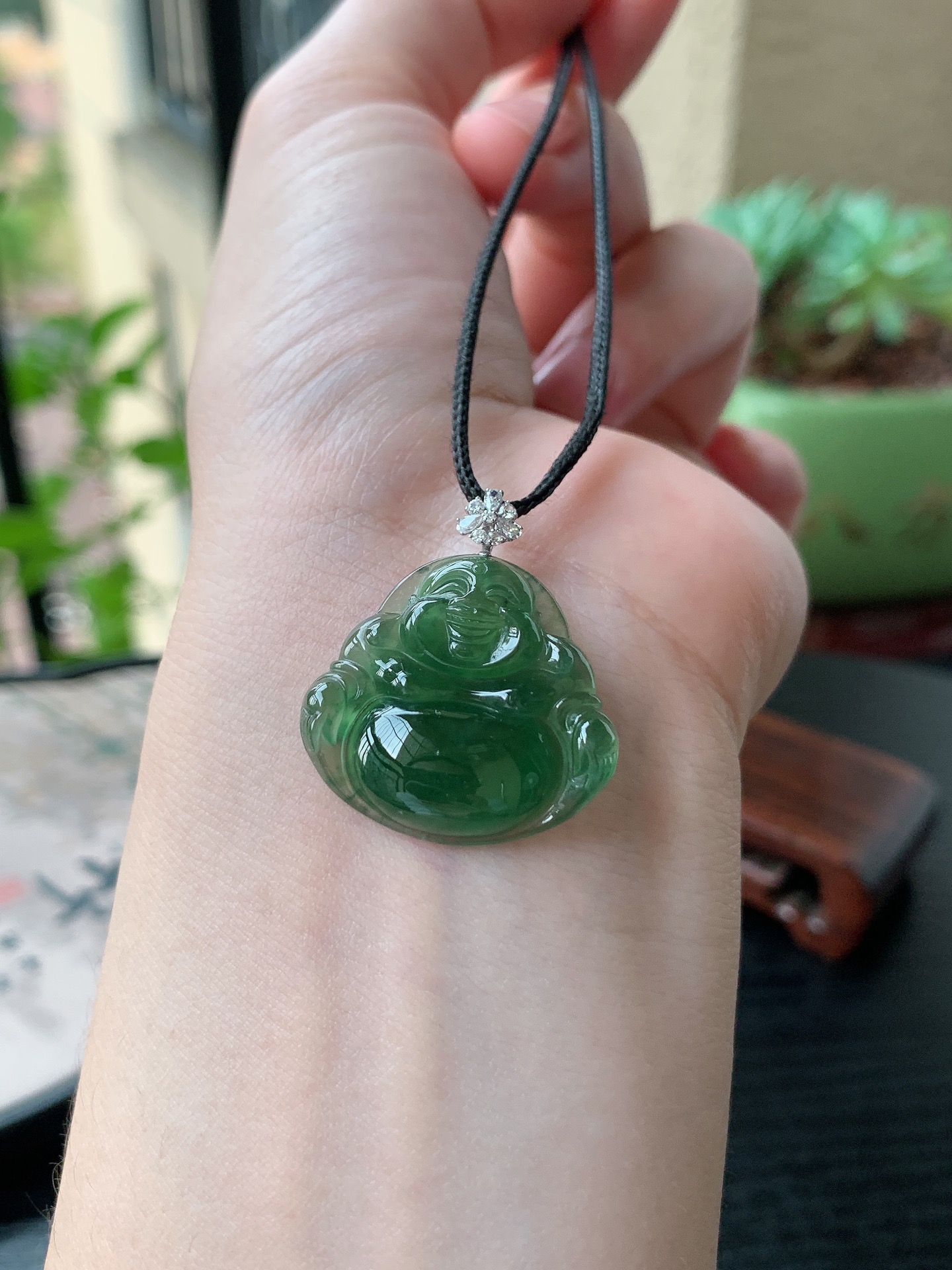 18k金镶嵌老坑冰种胶感满色佛公吊坠 裸石尺寸:24-26-5.5mm