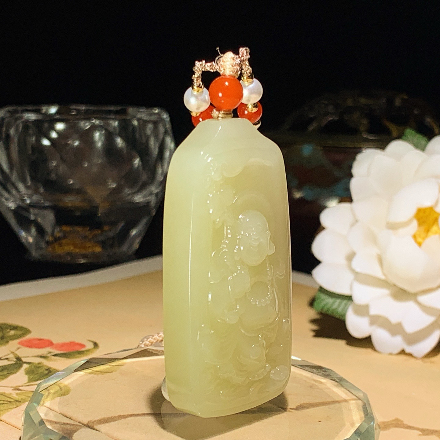 新疆和田玉若羌黄口料佛引福来挂件！尺寸53/26/12重38.5克 玉质细腻油润 底色纯净 脂粉好，