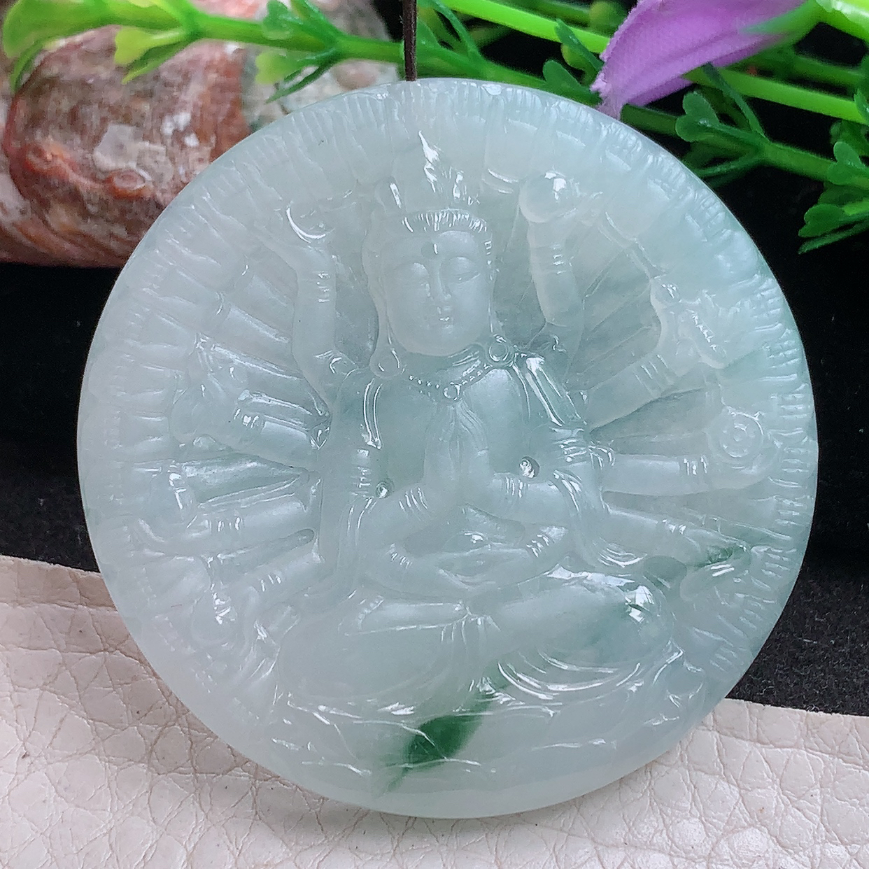ktj实拍49.6*5.5缅甸翡翠a货精雕冰飘花千手观音 生肖守护神玉吊坠