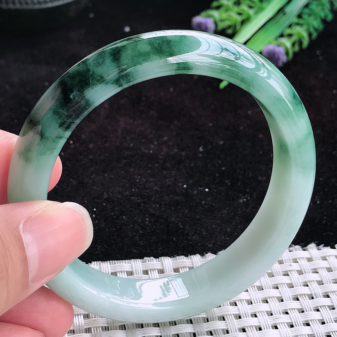实拍A货翡翠56/12.6/8.1老坑冰润水灵特色飘花手镯玉手镯女款平安镯