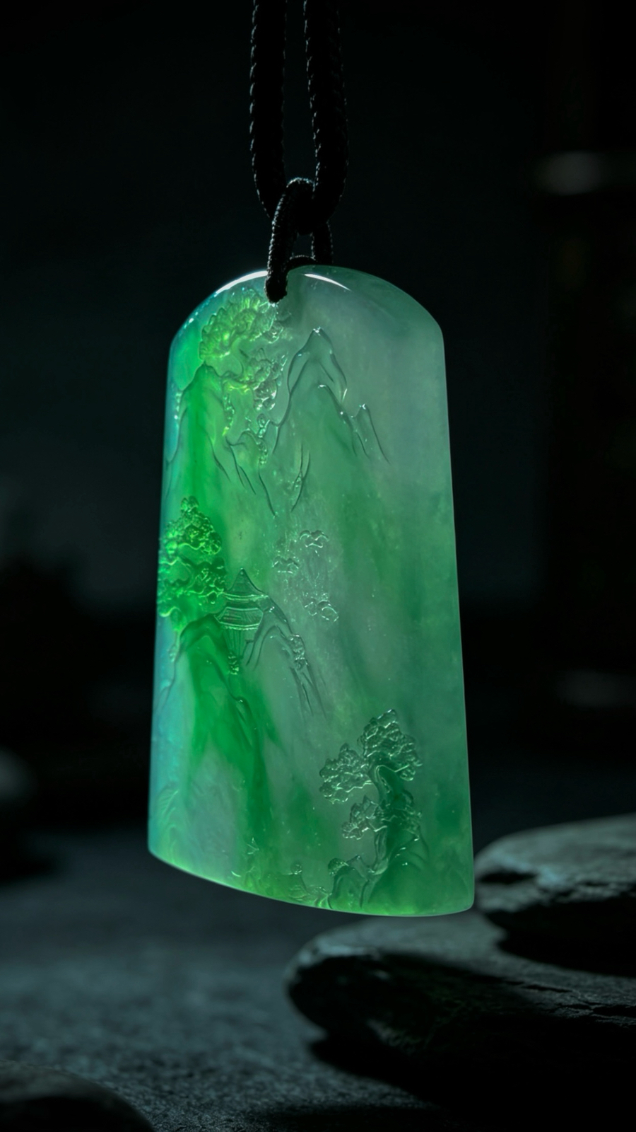【宁静致远】，绿花山水牌子，
瑞禧玉雕艺术作品，
49.5-37.8-5mm，21.52g，