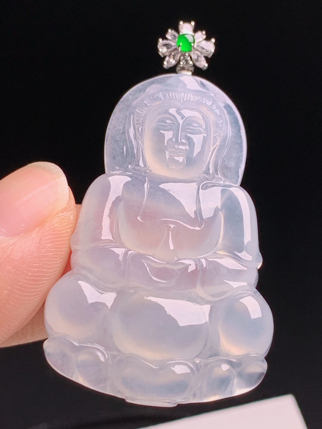 ️ 观音吊坠，冰透起荧光种质细腻，绿宝花钻顶清雅显贵 裸石43.3-26.6-4.7 整体50.5 190601
