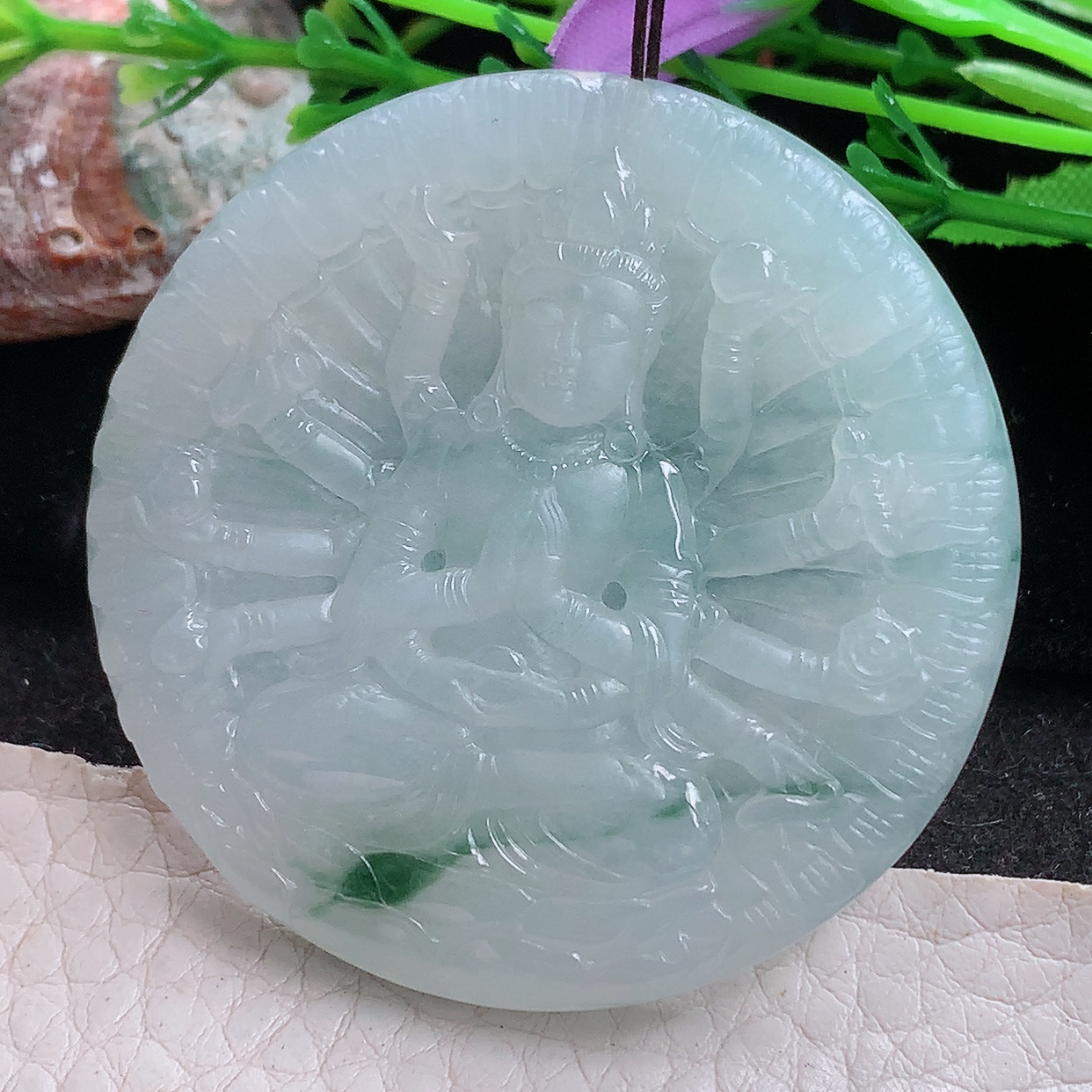 ktj实拍49.6*5.5缅甸翡翠a货精雕冰飘花千手观音 生肖守护神玉吊坠