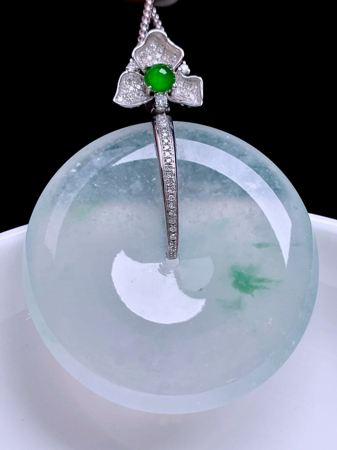 ️ 冰种飘花平安扣 飘花灵动，种老水润，18k金镶嵌 整体：46.8 裸石：35.8/6.3