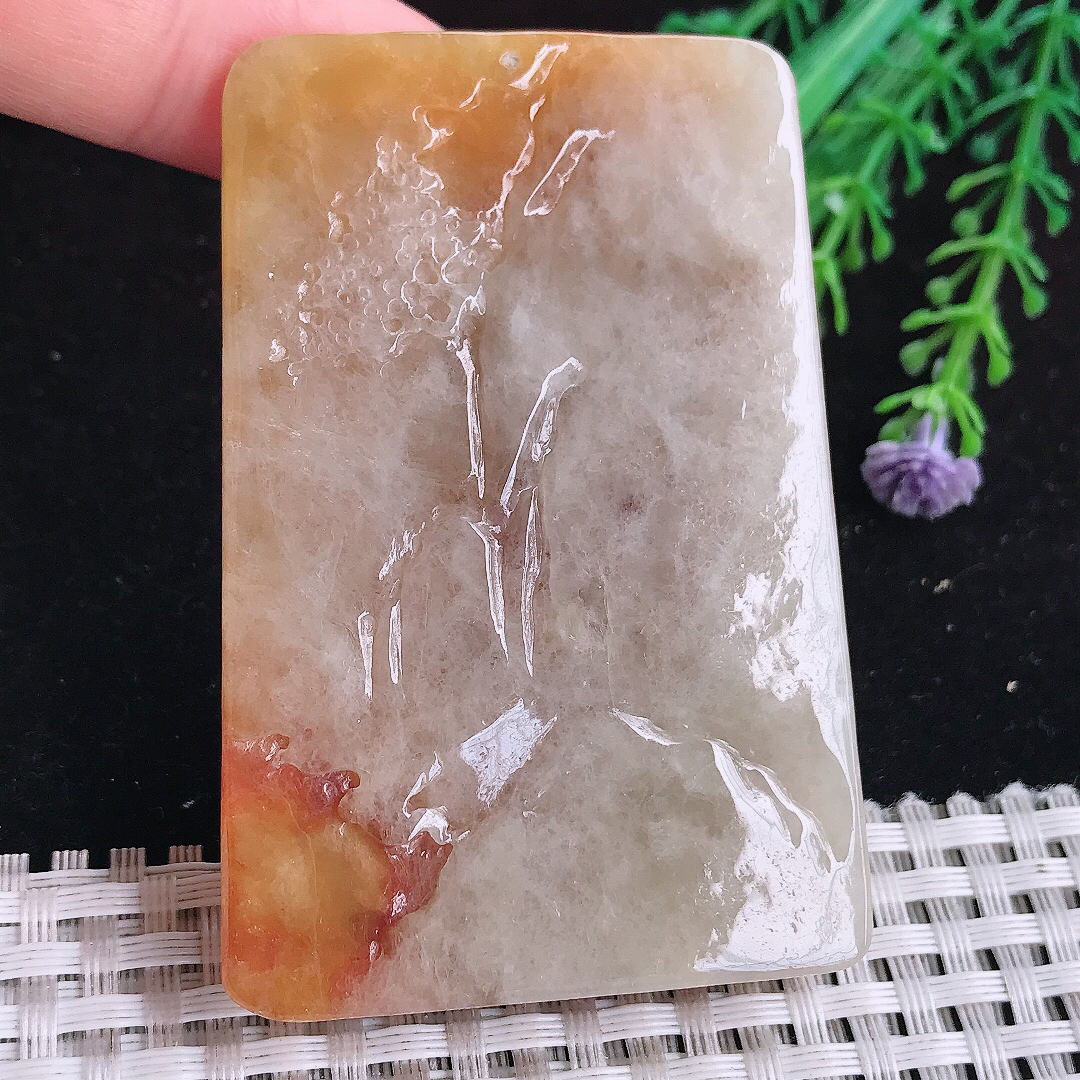 实拍A货翡翠66.6/44.8/12老坑精美温润特色黄翡山水牌吊坠翡翠玉牌大好河山