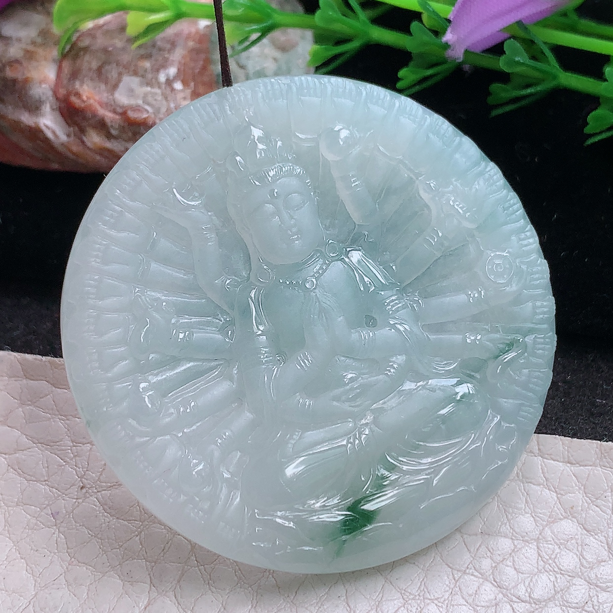 ktj实拍49.6*5.5缅甸翡翠a货精雕冰飘花千手观音 生肖守护神玉吊坠