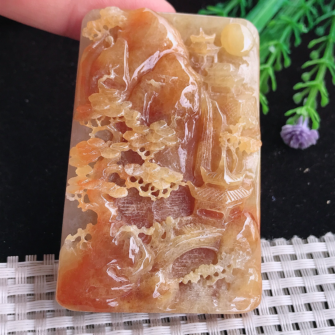 实拍A货翡翠66.6/44.8/12老坑精美温润特色黄翡山水牌吊坠翡翠玉牌大好河山