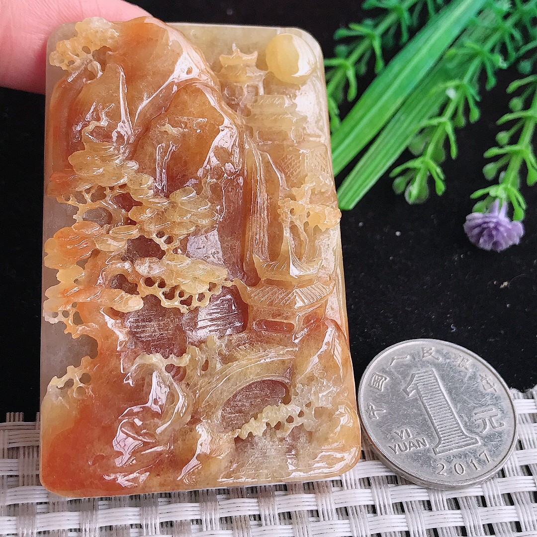 实拍A货翡翠66.6/44.8/12老坑精美温润特色黄翡山水牌吊坠翡翠玉牌大好河山