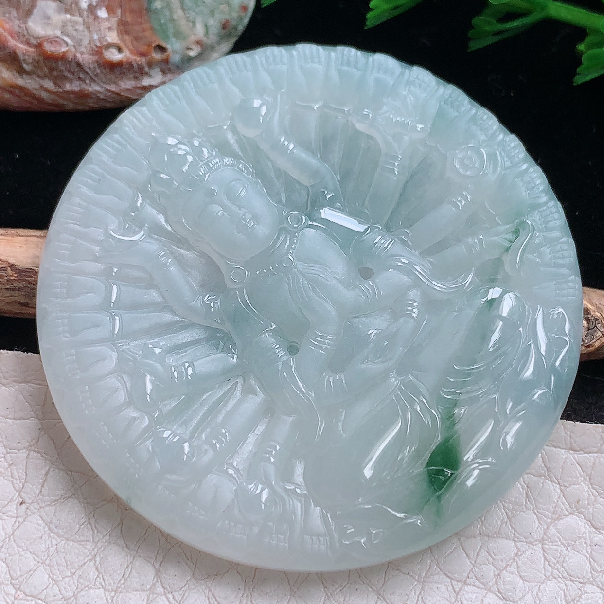 ktj实拍49.6*5.5缅甸翡翠a货精雕冰飘花千手观音 生肖守护神玉吊坠