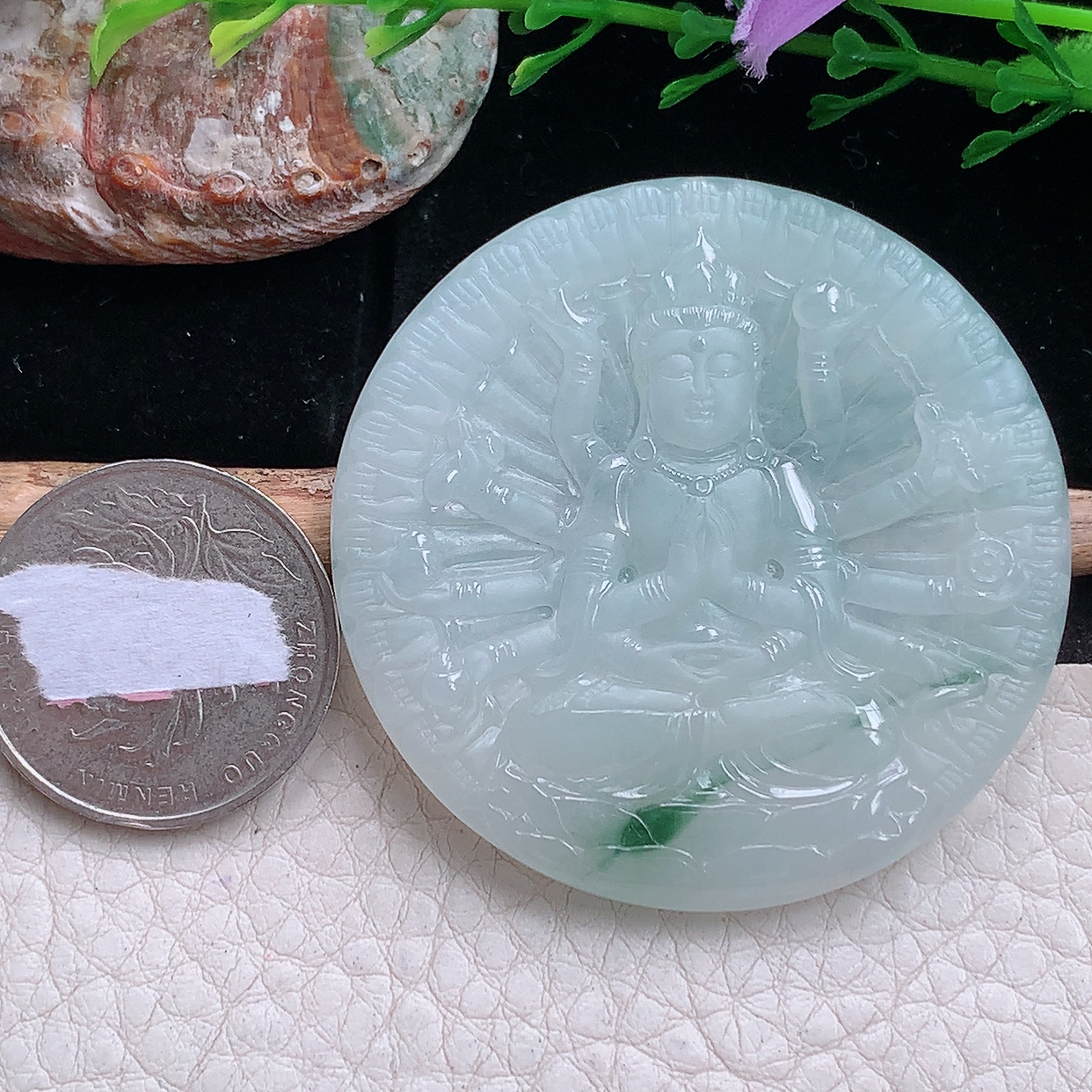ktj实拍49.6*5.5缅甸翡翠a货精雕冰飘花千手观音 生肖守护神玉吊坠