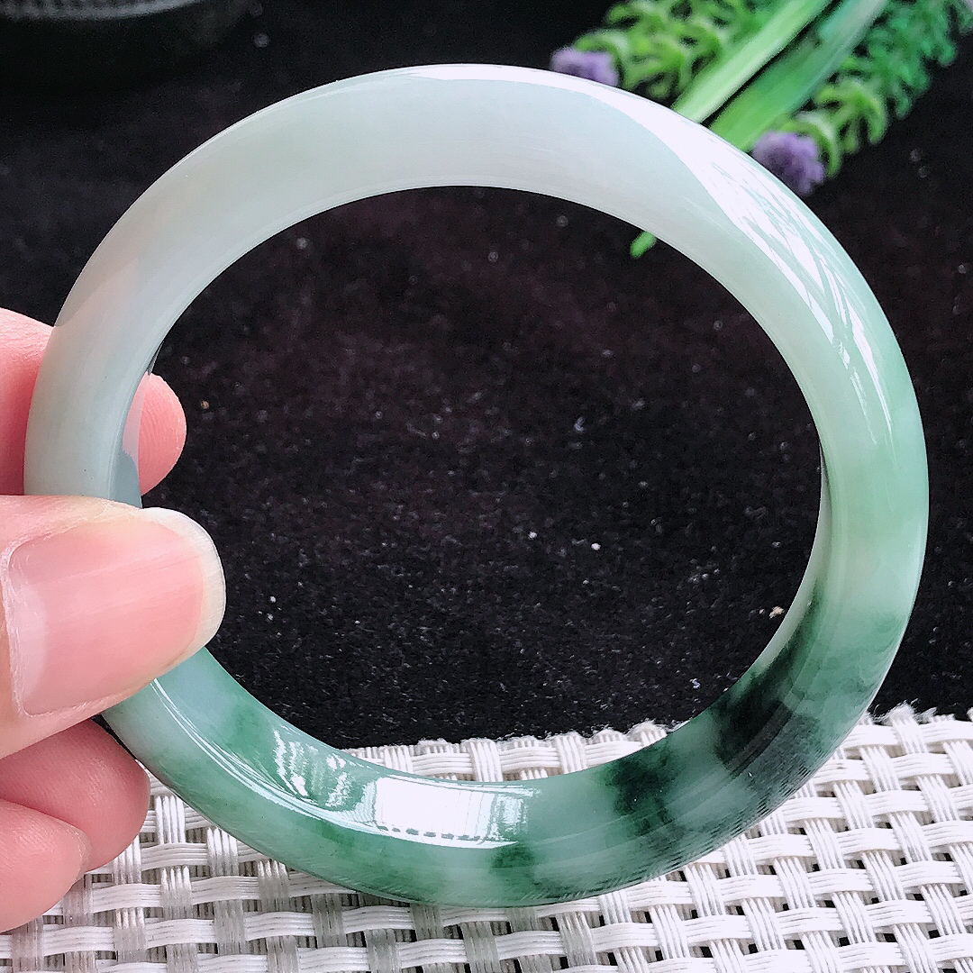 实拍A货翡翠56/12.6/8.1老坑冰润水灵特色飘花手镯玉手镯女款平安镯