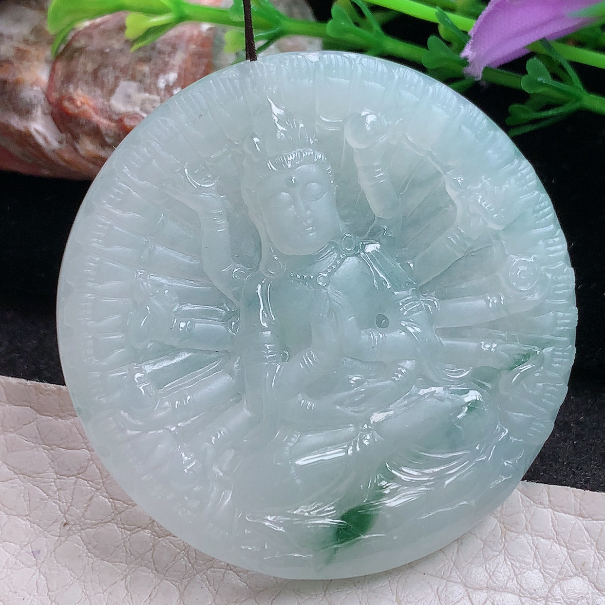 ktj实拍49.6*5.5缅甸翡翠a货精雕冰飘花千手观音 生肖守护神玉吊坠