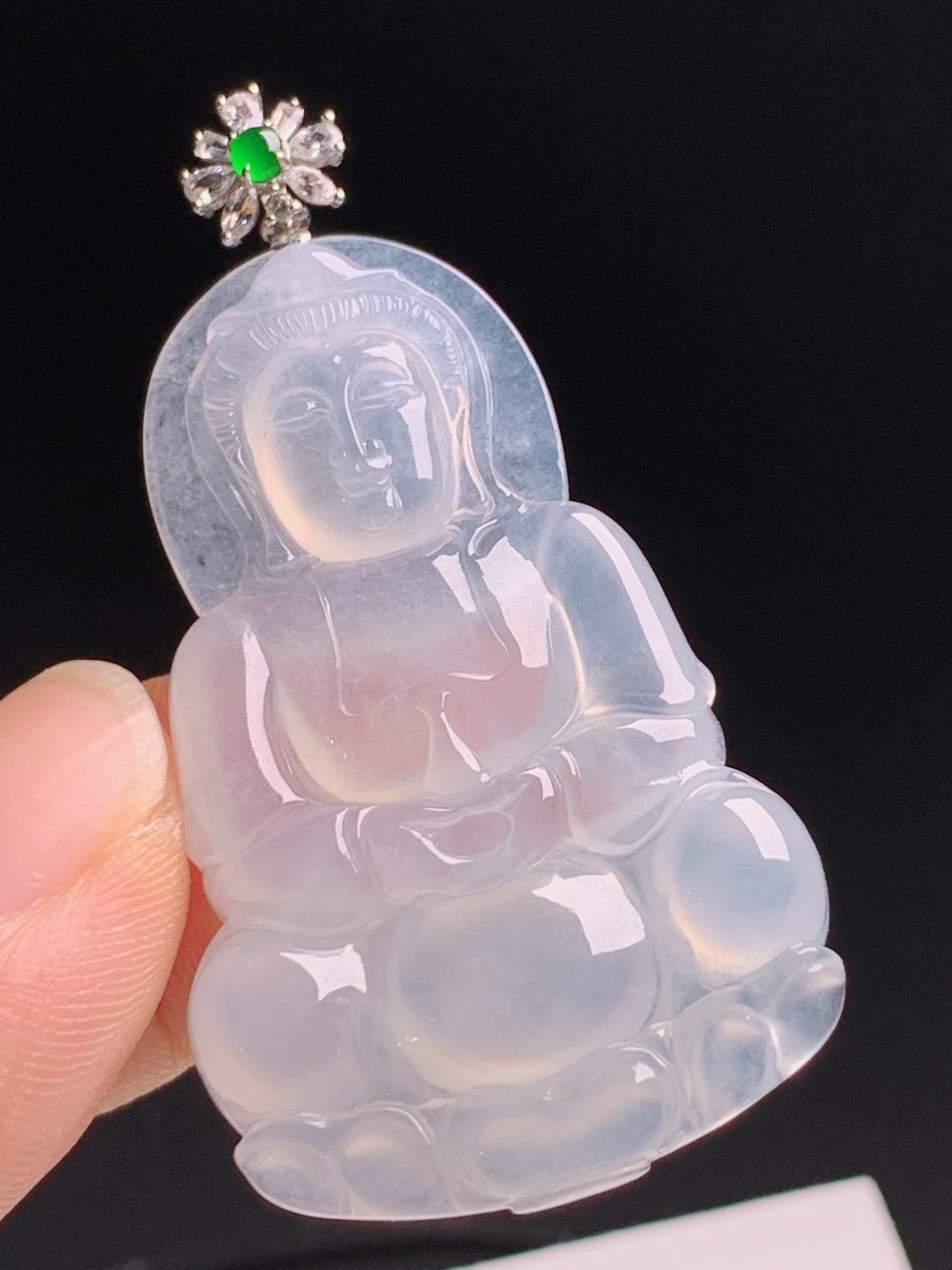 ️ 观音吊坠，冰透起荧光种质细腻，绿宝花钻顶清雅显贵 裸石43.3-26.6-4.7 整体50.5