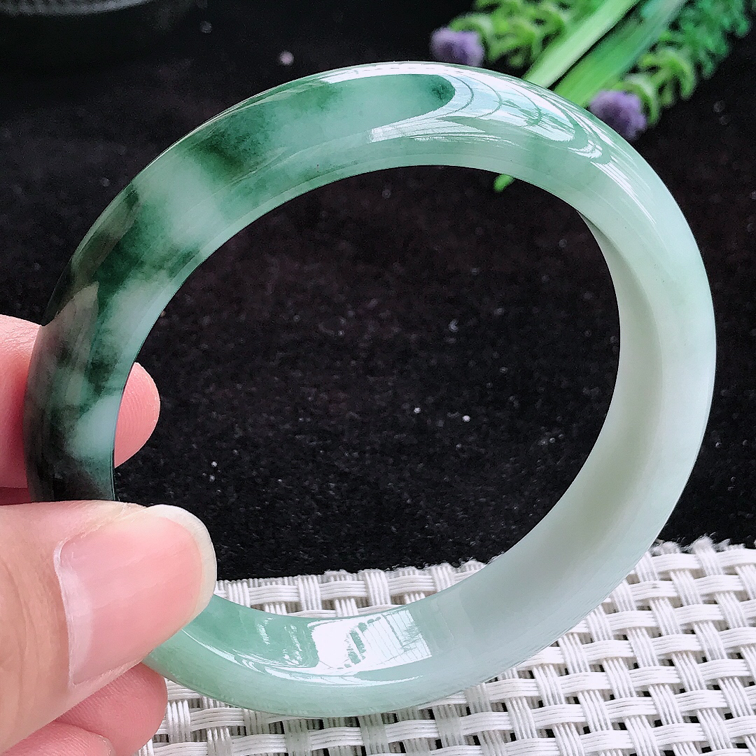 实拍A货翡翠56/12.6/8.1老坑冰润水灵特色飘花手镯玉手镯女款平安镯