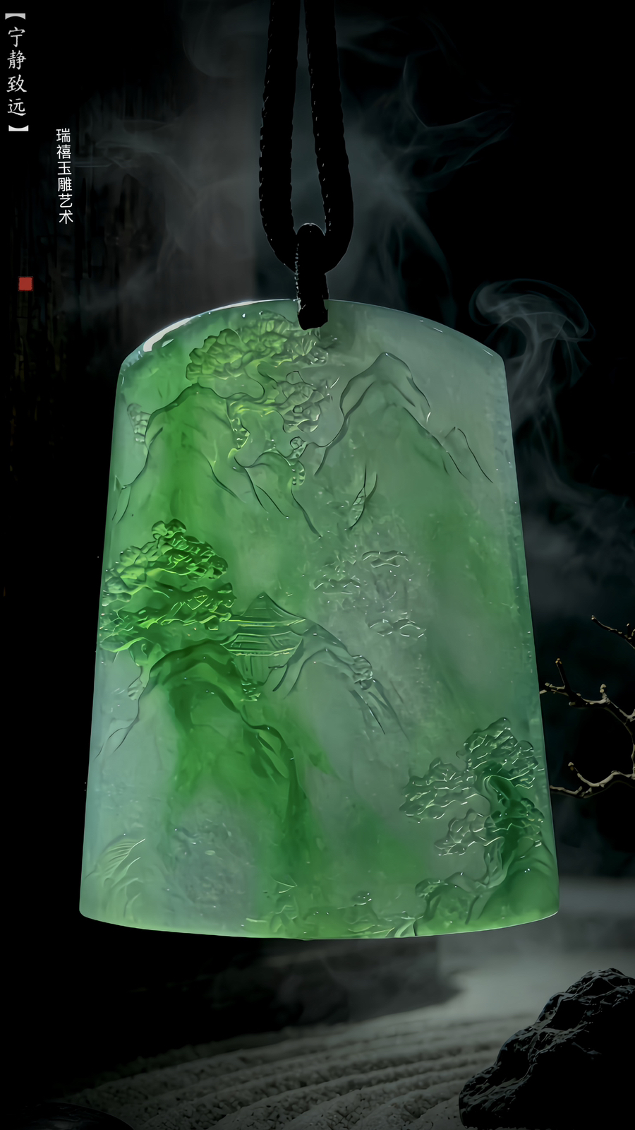 【宁静致远】，绿花山水牌子，
瑞禧玉雕艺术作品，
49.5-37.8-5mm，21.52g，