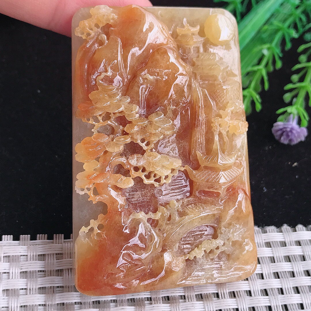实拍A货翡翠66.6/44.8/12老坑精美温润特色黄翡山水牌吊坠翡翠玉牌大好河山